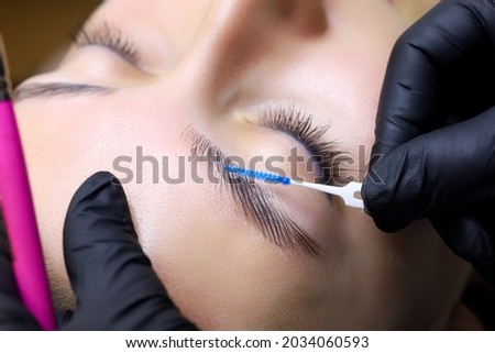 close up of the master's hands holding the brush the master directs the growth of hairs after lamination of the eyebrows Royalty-Free Stock Photo #2034060593
