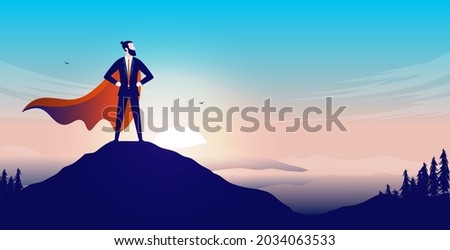 Business superhero on mountaintop - Businessman with cape standing proud on top after great accomplishment. Vector illustration. Royalty-Free Stock Photo #2034063533