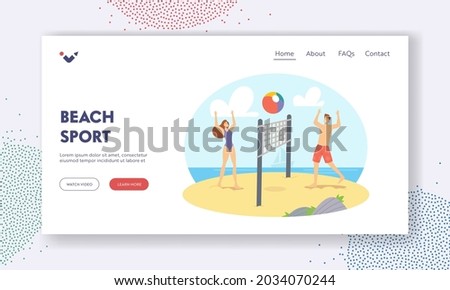 Beach Sport Landing Page Template. Young Couple Playing Volleyball on Sea Shore. Happy Family Characters Wife and Husband Leisure, Summer Recreation, Game at Ocean. Cartoon People Vector Illustration