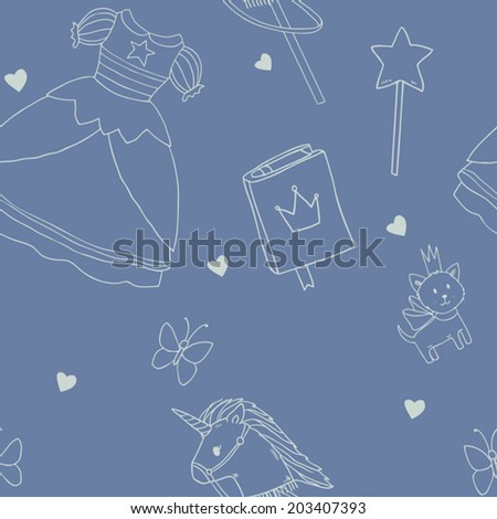 Seamless blue pattern for little princess with girl dress, unicorn toy, magic book, fairy wand  and kitten