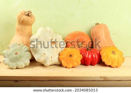 A variety of selection pumpkins, squash and tomatoes on a wooden table. Autumn composition with gifts of nature, thanksgiving day concept, harvesting, banner or splash, postcard, rustic style, 