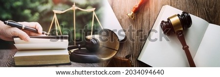 Business and lawyers discussing contract papers with brass scale on desk in office. Law, legal services, advice, justice and law concept picture with film grain effect
