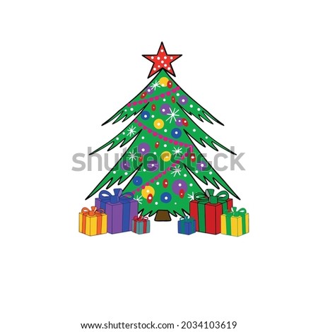 Colored illustration of a christmas tree with gifts, happy new year