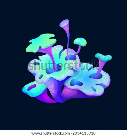 Fantasy magic plump red mushroom, vector fungus with strange cap. Unusual fairy tale ui game asset with purple stipe and bright luminous glowing hat. Natural gui interface element, cartoon alien plant Royalty-Free Stock Photo #2034115910
