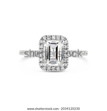 Isolated Emerald Cut Diamond Engagement Ring with Diamond Halo on White Background Royalty-Free Stock Photo #2034120230
