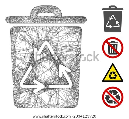 Vector net recycling bin. Geometric hatched carcass flat net made from recycling bin icon, designed from crossed lines. Some bonus icons are added.