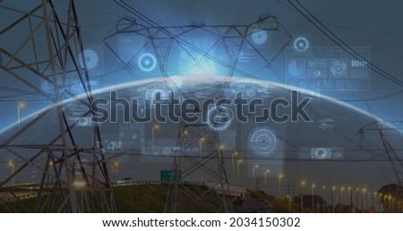 Image of scope scanning and data processing on screens over electric pylons and globe. global connections, technology and digital interface concept digitally generated image.