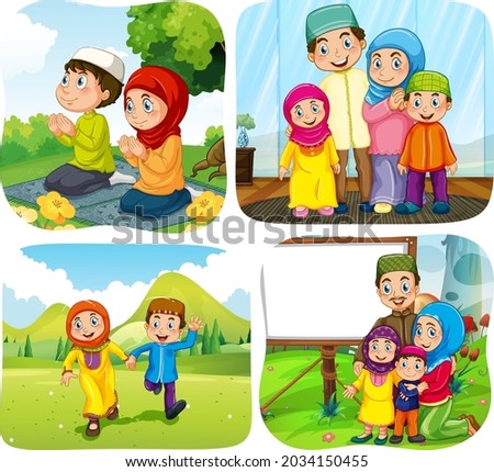 Set of muslim people cartoon character in different scene illustration