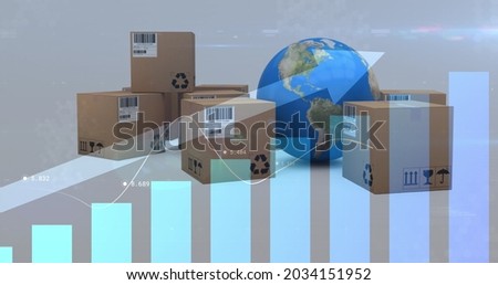 Image of arrow with statistics over globe and cardboard boxes in background. global shipping, delivery and shopping concept digitally generated image.