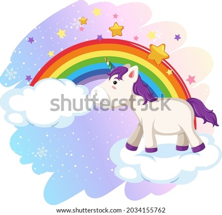 Cute unicorn in the pastel sky with rainbow illustration