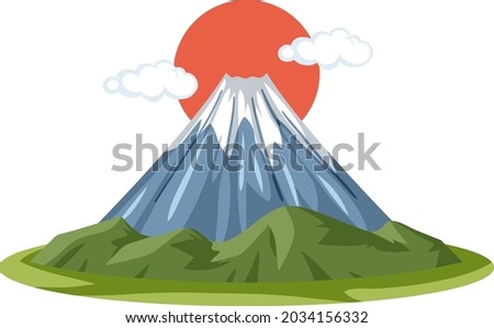 Mount Fuji with Red Sun in cartoon style isolated on white background illustration