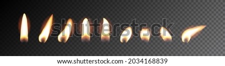 Candle flame, fire of candlelight set vector illustration. Realistic flame light on wick of candlestick, small romantic glow flare in night, collection isolated on transparent black background