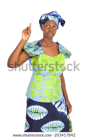 Beautiful black woman doing different expressions in different sets of clothes: pointing up