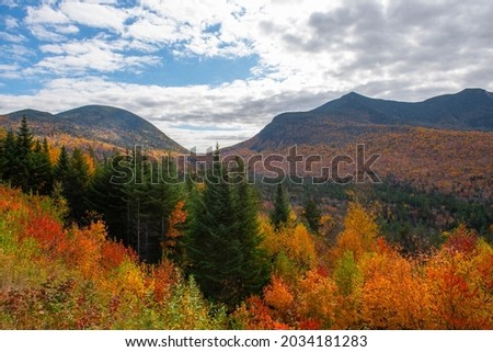 Hancock Notch Overlook on Kancamagus Highway in White Mountain National Forest in fall, Town of Lincoln, New Hampshire NH, USA. Royalty-Free Stock Photo #2034181283
