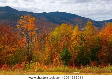 Hancock Notch Overlook on Kancamagus Highway in White Mountain National Forest in fall, Town of Lincoln, New Hampshire NH, USA. Royalty-Free Stock Photo #2034181286