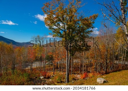 Hancock Notch Overlook on Kancamagus Highway in White Mountain National Forest in fall, Town of Lincoln, New Hampshire NH, USA. Royalty-Free Stock Photo #2034181766