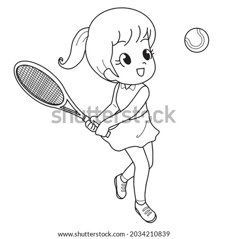 young girl playing tennis  cartoon vector illustration isolated on white background.Black and white.outline.coloring book pages