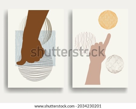 Modern poster with minimalist design elements and hands in Boho style  . Wall art , home deco . Vector abstract shape.