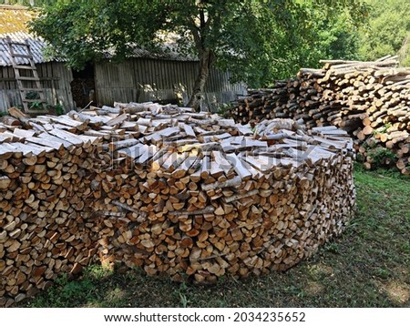 Chopped firewood, piled in piles, is harvested for the winter season in the village.