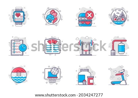 Fitness concept flat line icons set. Healthy lifestyle and sports activity. Bundle of diet, bike, barbell, punching bag, pool, basketball, other. Vector conceptual pack outline symbols for mobile app