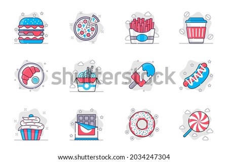 Fast food concept flat line icons set. Tasty unhealthy foods and sweets. Bundle of hamburger, pizza, fries, croissant, noodles, ice cream, other. Vector conceptual pack outline symbols for mobile app