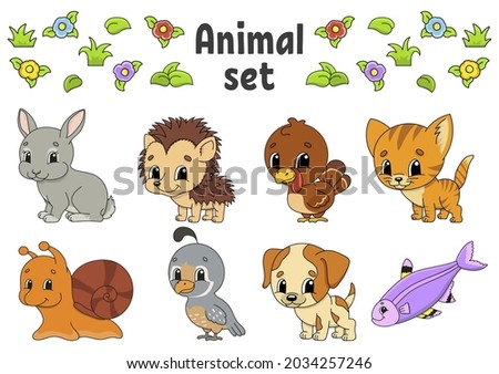 Set of stickers with cute cartoon characters. Animal clipart. Hand drawn. Colorful pack. Vector illustration. Patch badges collection. Label design elements. For daily planner, organizer, diary.