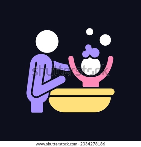 Bathing child RGB color icon for dark theme. Providing secure feeling. Skin-to-skin contact. Bathtime bond. Isolated vector illustration on night mode background. Simple filled line drawing on black