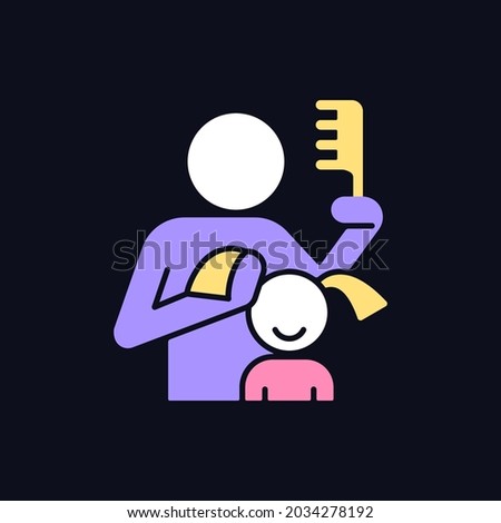 Braiding daughter pigtails RGB color icon for dark theme. Bonding experience. Brush hair. Develop closeness. Isolated vector illustration on night mode background. Simple filled line drawing on black