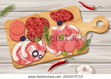 Platter of different cold meats on the table background illustration