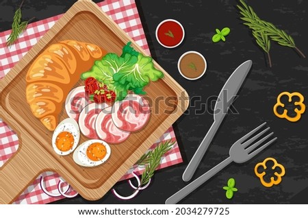 Breakfast croissant on a wooden tray on the table illustration