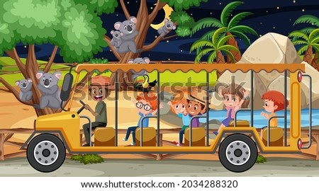 Koala group in Safari scene with children in the tourist car illustration