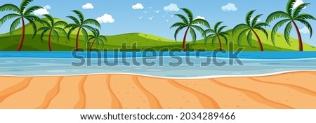 Panorama landscape scene with many palm trees at the beach illustration