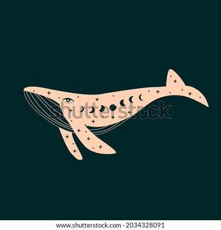 Bohemian whale illustration. Boho celestial and magic whale.
