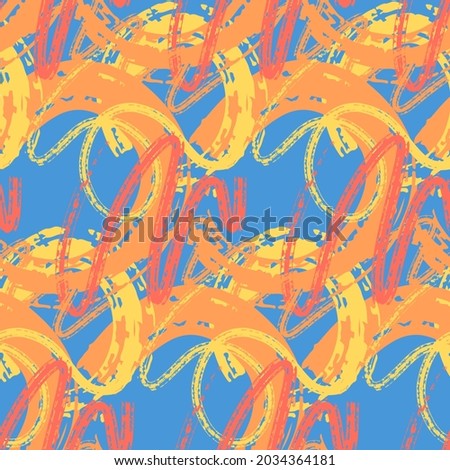 Abstract seamless pattern, red blue yellow chaotic brush stroke with paint. Design for fabric, wrapping paper, textile, graffiti background
