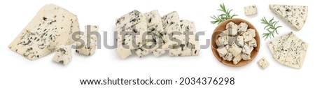 Blue cheese with rosemary isolated on white background with full depth of field. Set or collection Royalty-Free Stock Photo #2034376298