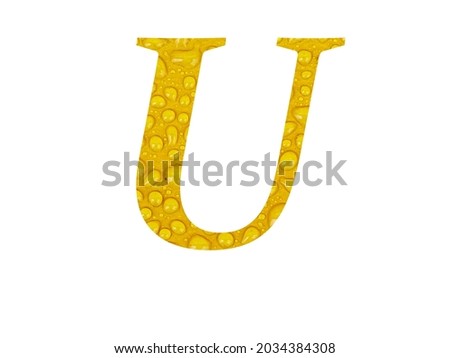 Letter U of the alphabet made with raindrops on a yellow background, isolated on a white background