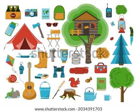 A big set of flat icons for camping. Vector cartoon illustration. Equipment for Hiking, mountaineering and camping-a set of icons and infographics. Tree house, tent, camping utensils, backpack and