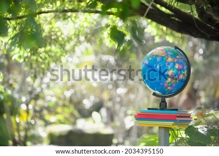 Globe and colorful books.Homeschool, homeschooling and schooling concepts.Education for primary school children.Fall back to school.Knowledge and study concept.Autumn leaves.Stationeries.