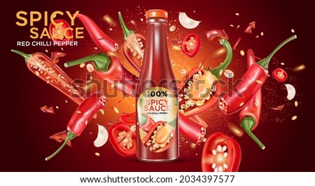 Red chili pepper bottle sauce with chili splashing elements isolated on dark color background, Vector realistic in 3D illustration. Royalty-Free Stock Photo #2034397577