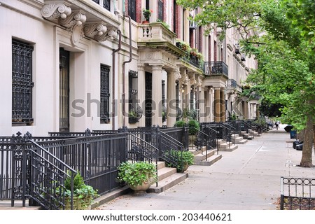 New York City, United States - old townhouses in Upper West Side neighborhood in Manhattan. Royalty-Free Stock Photo #203440621