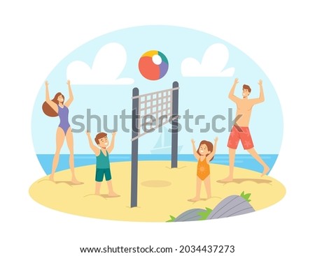 Parents and Children Playing Beach Volleyball on Sea Shore. Happy Family Characters Competition, Game and Recreation at Ocean Shore, Relatives Leisure, Vacation. Cartoon People Vector Illustration