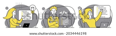 Concept of script coding, programming. JavaScript, PHP, Python, HTML, other languages. Programmer working on web development on laptop. Software developers. Set of Flat vector cartoon illustrations