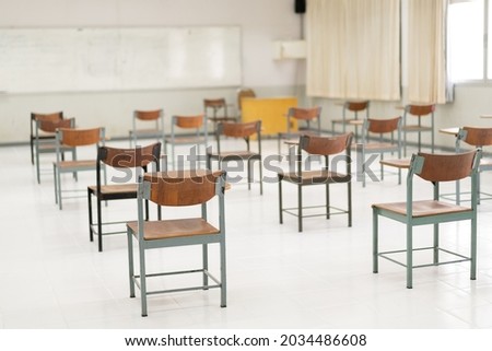 Empty classroom without students due to COVID-19 pandemic and schools being closed. Back to school concept.	