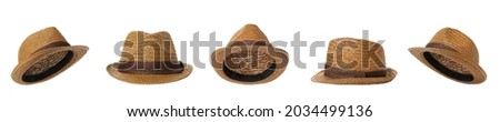 Set with stylish straw hats on white background, banner design. Stylish headdress Royalty-Free Stock Photo #2034499136