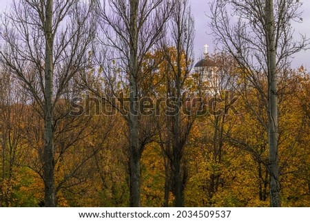 An old church behind autumn trees on background of blue cold sky.