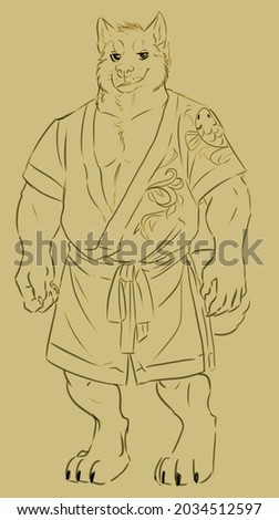 Digital illustration of a standing anthropomorphic akita inu in a japanese-style robe