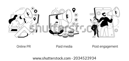 Digital PR service abstract concept vector illustration set. Online PR, paid media, post engagement, copywriting, corporate communication, follower interaction, public relations abstract metaphor. Royalty-Free Stock Photo #2034523934