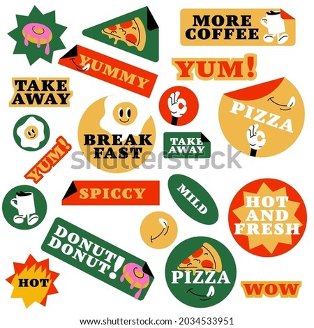 Vector set of fast food stickers. Colorful patch badges for junk food cafe Royalty-Free Stock Photo #2034533951
