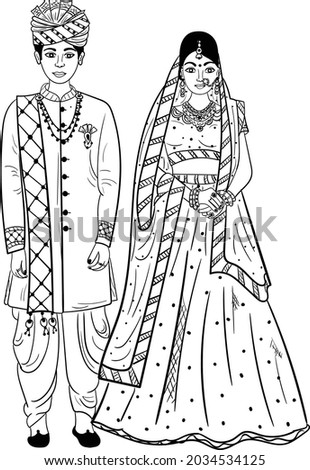 Indian wedding symbol groom and bride clip art line art drawing. Indian husband wife vector illustration of wedding marriage symbo