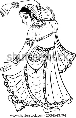 Indian women dancing on Indian traditional song in traditional dress, black and white line drawing clip art illustration. Indian wedding clip art bride dance vector illustration. 
